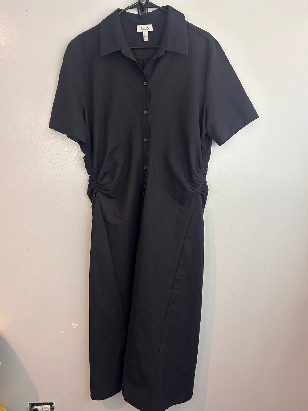 COS Dark Blue Short Sleeve Ruched Button Front Shirt Collared Midi Dress Large - Picture 2 of 12